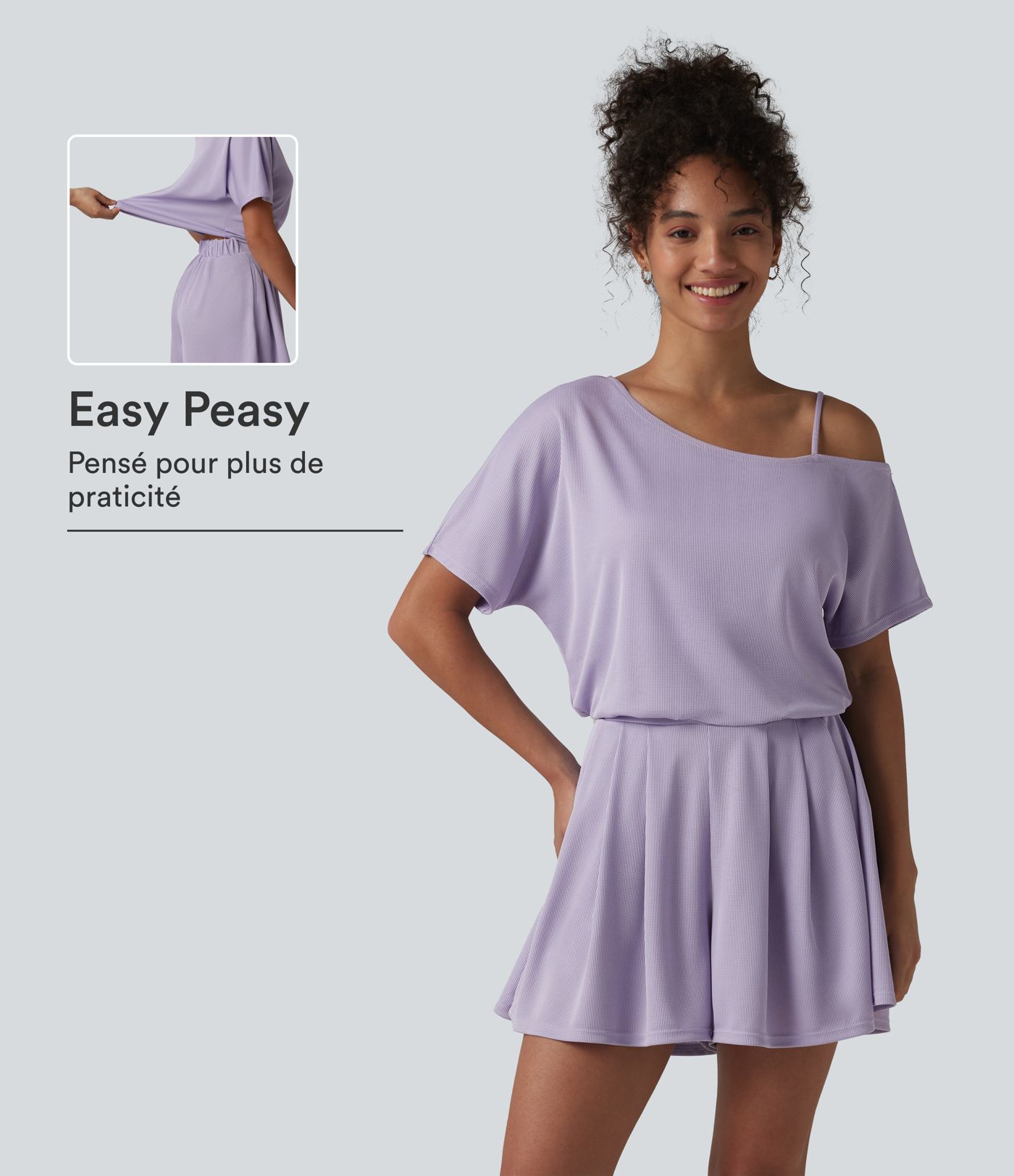 Combishort casual asymétrique manches courtes plissé en nid d'abeille avec poches - Édition Easy Peasy Combishort casual asymétrique manches courtes plissé en nid d'abeille avec poches - Édition Easy Peasy