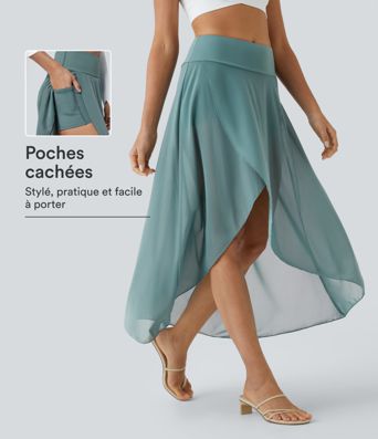 Jupe Longue Fluide Taille Haute à Volants 2 en 1 Poche Latérale Évasée en Mesh Casual Quotidien Jupe Longue Fluide Taille Haute à Volants 2 en 1 Poche Latérale Évasée en Mesh Casual Quotidien