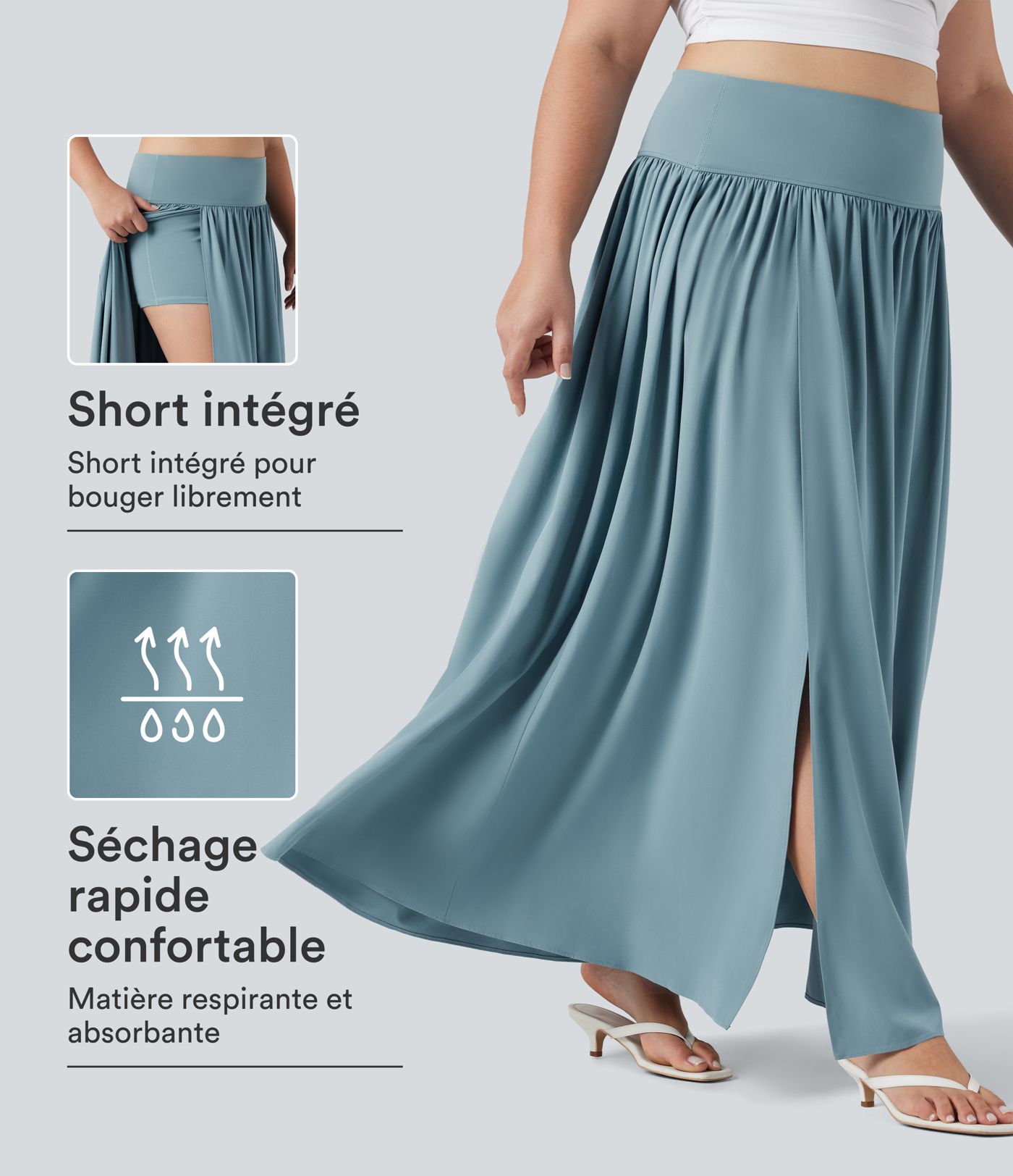 Jupe maxi fluide 2-en-1 gainante taille haute à séchage rapide grande taille Breezeful™ Jupe maxi fluide 2-en-1 gainante taille haute à séchage rapide grande taille Breezeful™