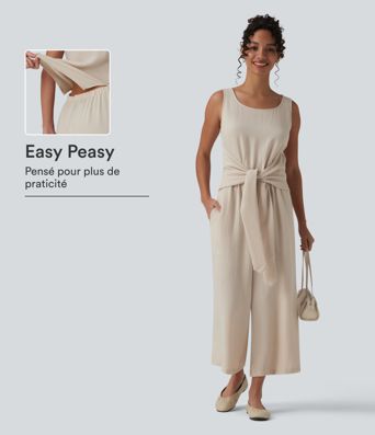 Combinaison casual aspect lin col rond échancré sans manches avec nœud frontal et poches – Easy Peasy Combinaison casual aspect lin col rond échancré sans manches avec nœud frontal et poches – Easy Peasy