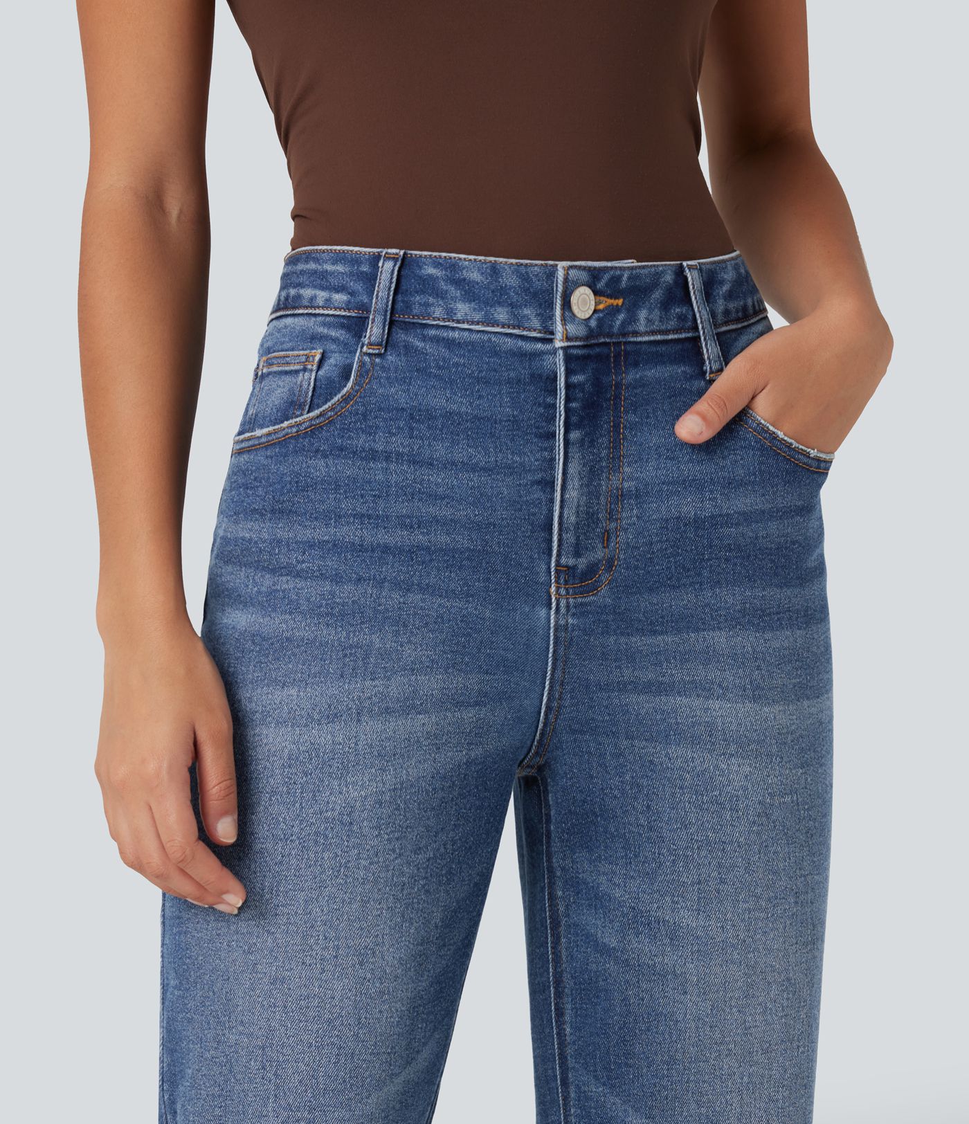 High Waisted Ripped Straight Leg Casual Jeans with Pockets