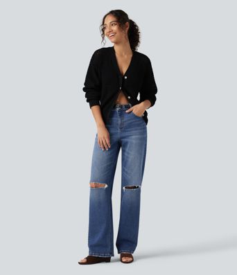 High Waisted Ripped Straight Leg Casual Jeans with Pockets