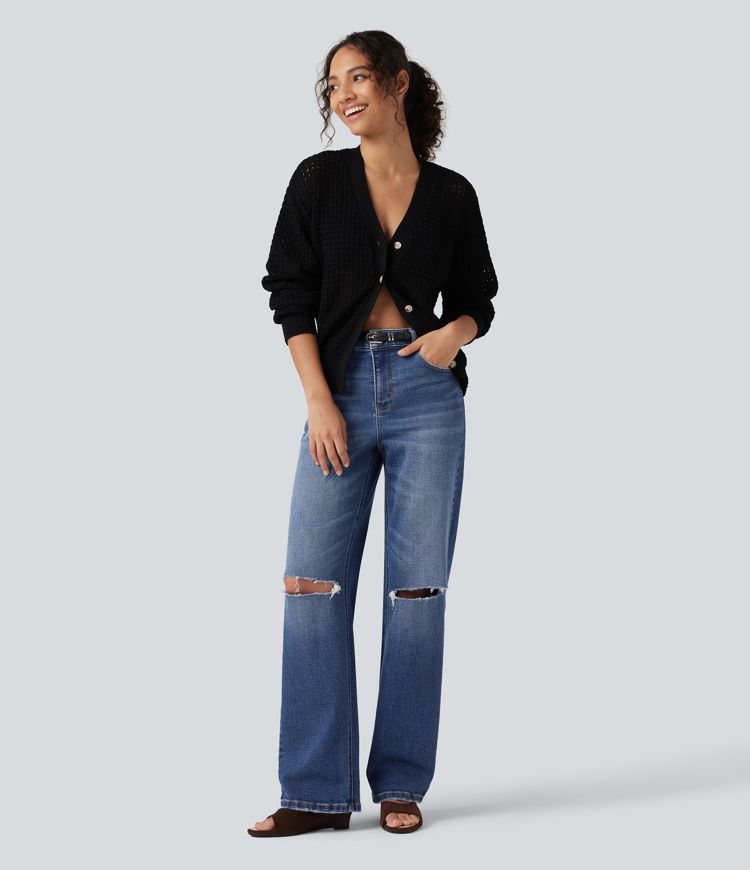 High Waisted Ripped Straight Leg Casual Jeans with Pockets