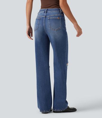 High Waisted Ripped Straight Leg Casual Jeans with Pockets