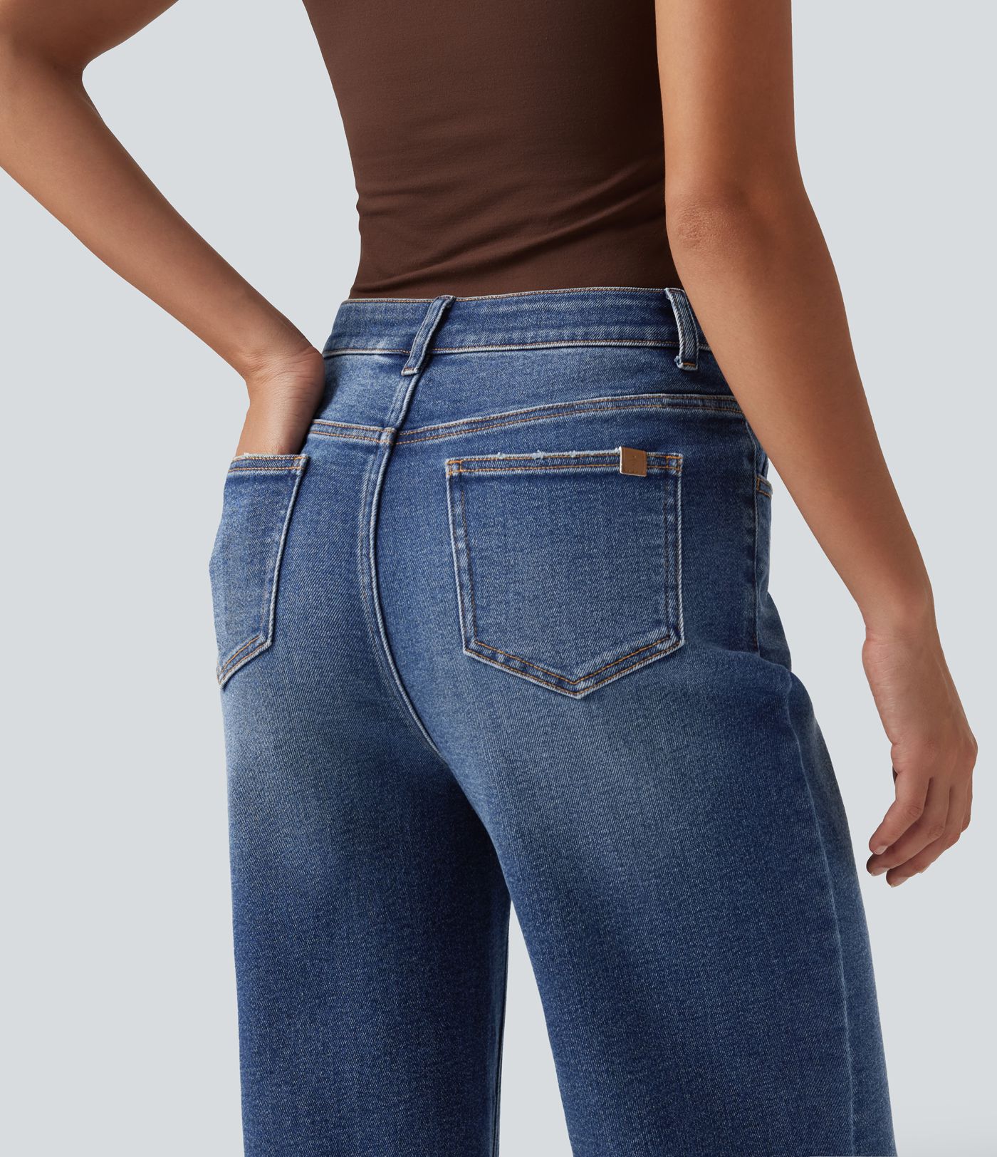 High Waisted Ripped Straight Leg Casual Jeans with Pockets