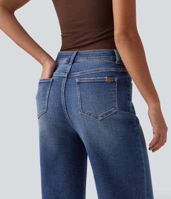 High Waisted Ripped Straight Leg Casual Jeans with Pockets