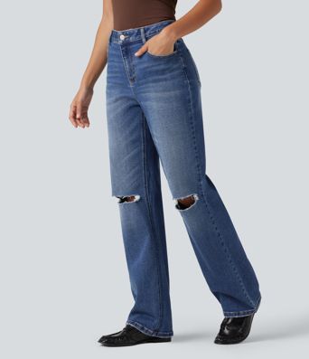 High Waisted Ripped Straight Leg Casual Jeans with Pockets