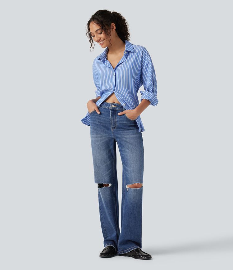 High Waisted Ripped Straight Leg Casual Jeans with Pockets