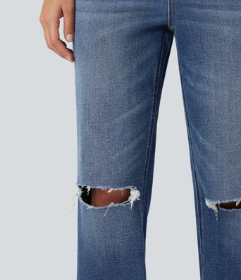 High Waisted Ripped Straight Leg Casual Jeans with Pockets