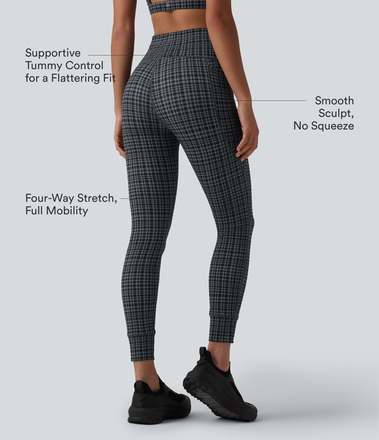 Halara UltraSculpt™ Check Plaid Print High Waisted Drawstring Yoga Leggings with Pockets Halara UltraSculpt™ Check Plaid Print High Waisted Drawstring Yoga Leggings with Pockets