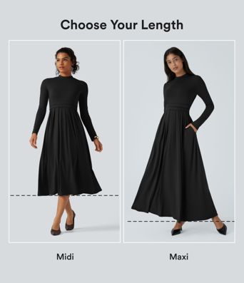 Plissiertes, ausgestelltes Maxi-Freizeitkleid mit Stehkragen, Seitentaschen und langen Ärmeln