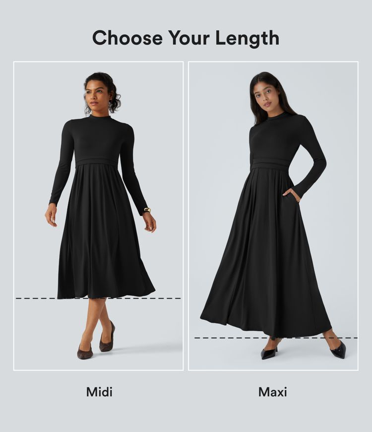 Plissiertes, ausgestelltes Maxi-Freizeitkleid mit Stehkragen, Seitentaschen und langen Ärmeln