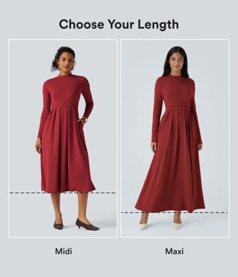 Robe longue décontractée à col montant, manches longues, plissée, avec poches latérales et coupe évasée