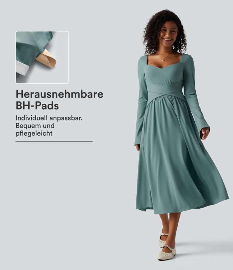 Fließendes Midikleid mit Seitentaschen, langen Ärmeln und integriertem BH