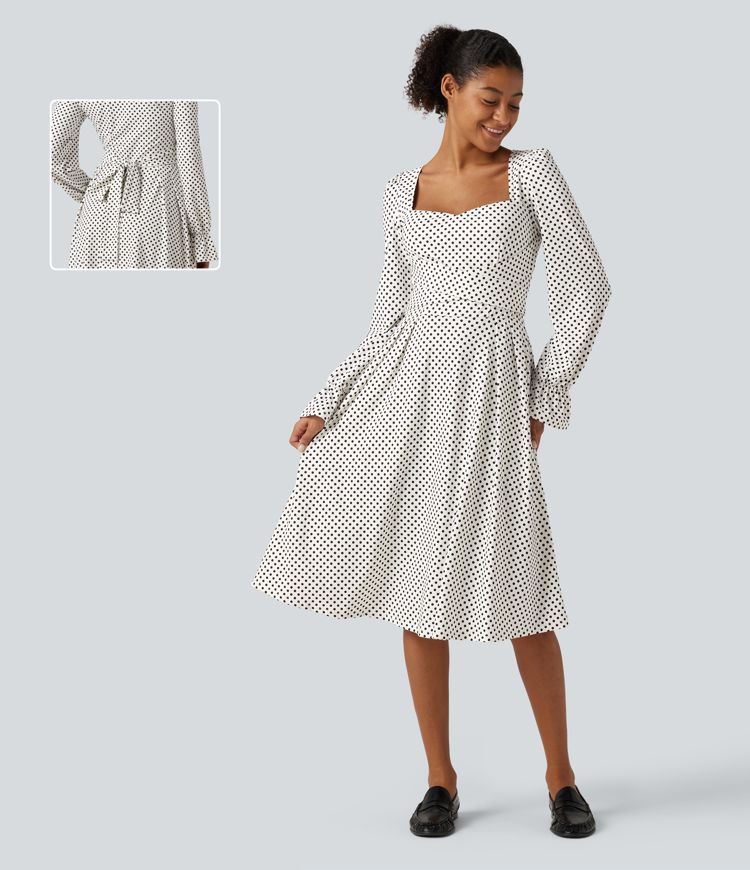 XS Snow Dots Square Neck Ruched Puff Long Sleeve Polka Dot Midi Casual Dress with Pockets
