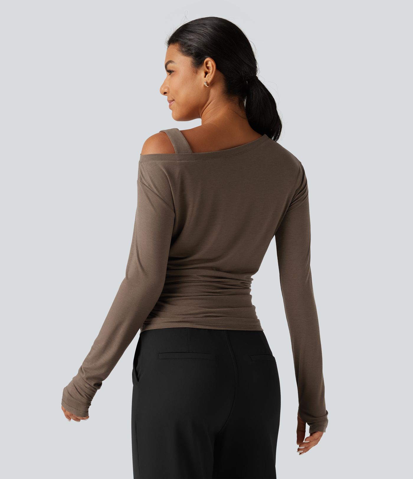 One Shoulder Long Sleeve Thumb Hole Ruched Casual Wool-Blend Top