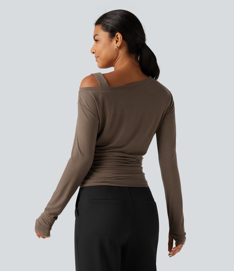 One Shoulder Long Sleeve Thumb Hole Ruched Casual Wool-Blend Top