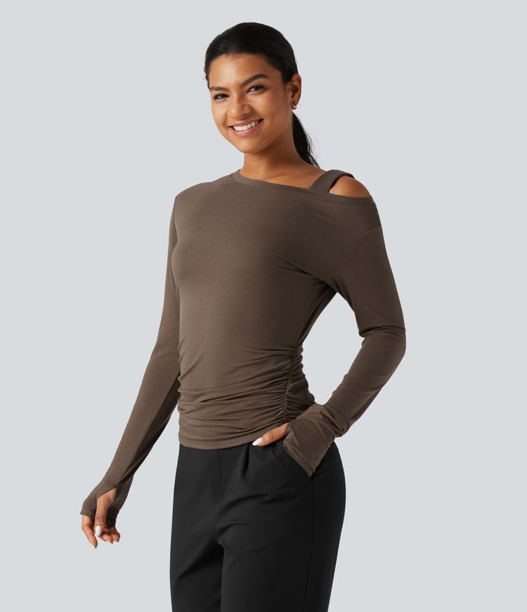 One Shoulder Long Sleeve Thumb Hole Ruched Casual Wool-Blend Top