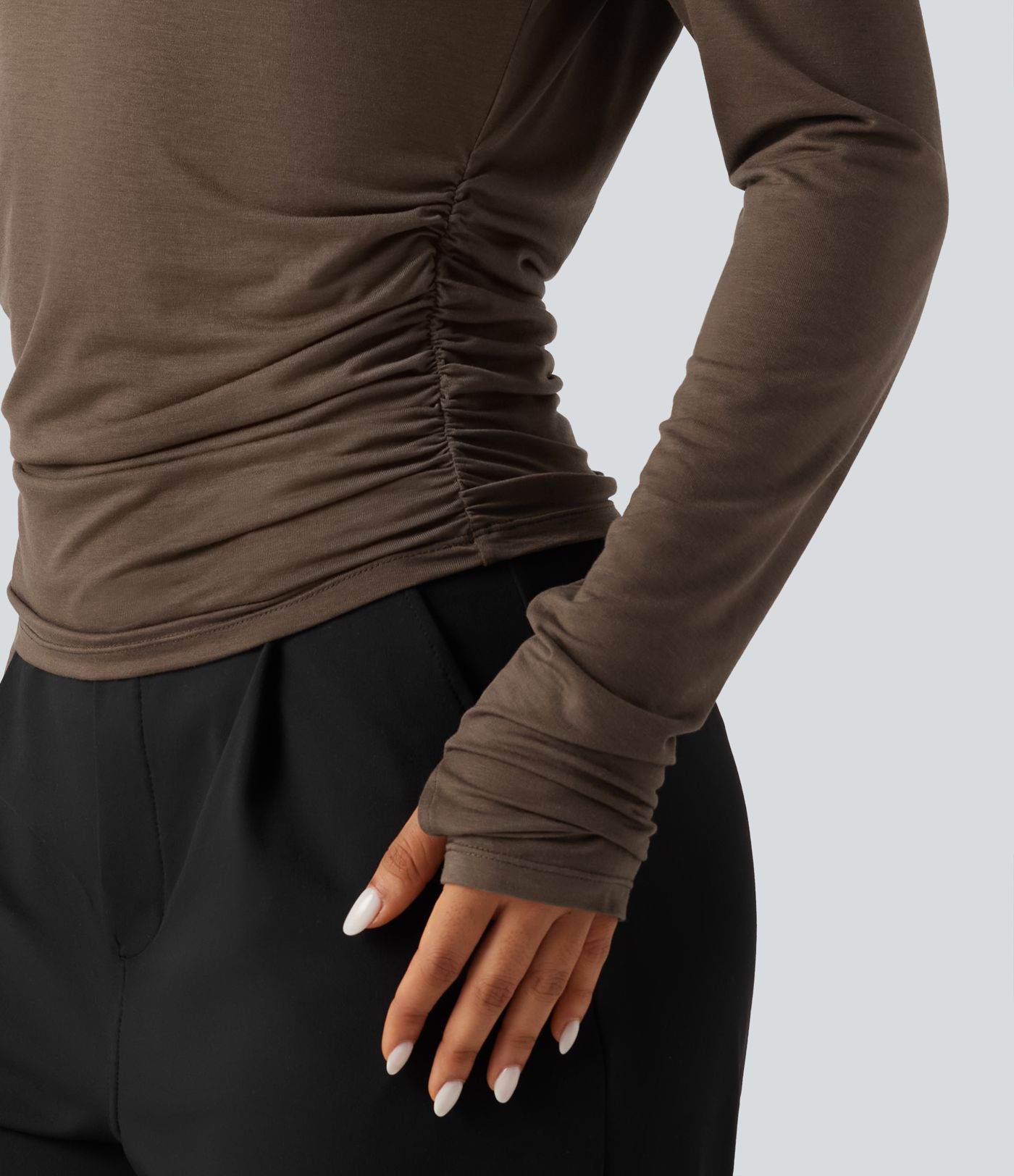 One Shoulder Long Sleeve Thumb Hole Ruched Casual Wool-Blend Top