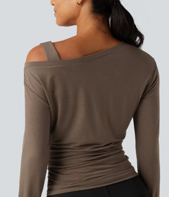 One Shoulder Long Sleeve Thumb Hole Ruched Casual Wool-Blend Top