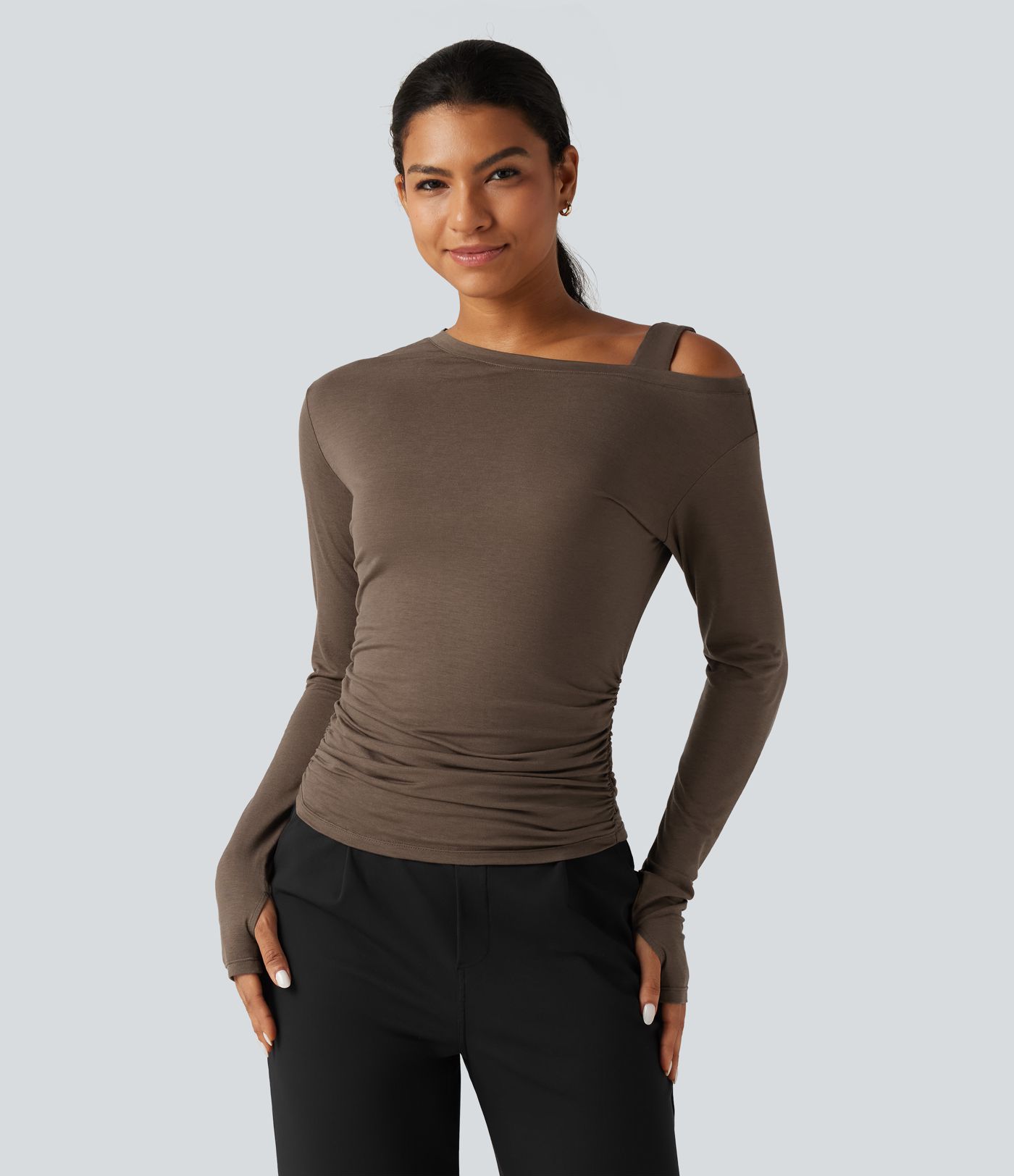 One Shoulder Long Sleeve Thumb Hole Ruched Casual Wool-Blend Top