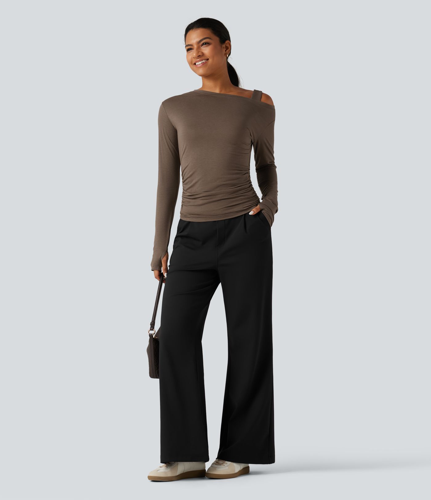 One Shoulder Long Sleeve Thumb Hole Ruched Casual Wool-Blend Top