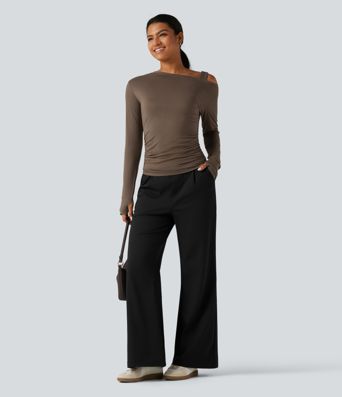 One Shoulder Long Sleeve Thumb Hole Ruched Casual Wool-Blend Top