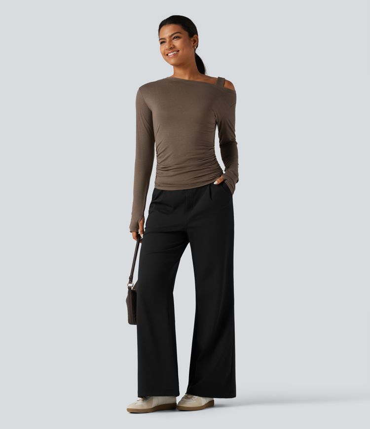 One Shoulder Long Sleeve Thumb Hole Ruched Casual Wool-Blend Top