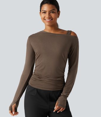 One Shoulder Long Sleeve Thumb Hole Ruched Casual Wool-Blend Top