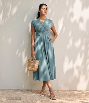 Breezeful™ Robe décontractée midi, col en V, manches courtes, poche, nouage au dos, séchage rapide - longueur allongée