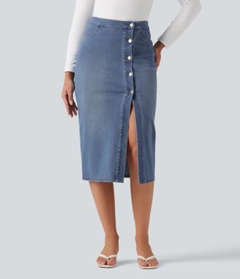 Halara Flex™ High Waisted Denim Bodycorn Midi Casual Skirt with Pockets Halara Flex™ High Waisted Denim Bodycorn Midi Casual Skirt with Pockets