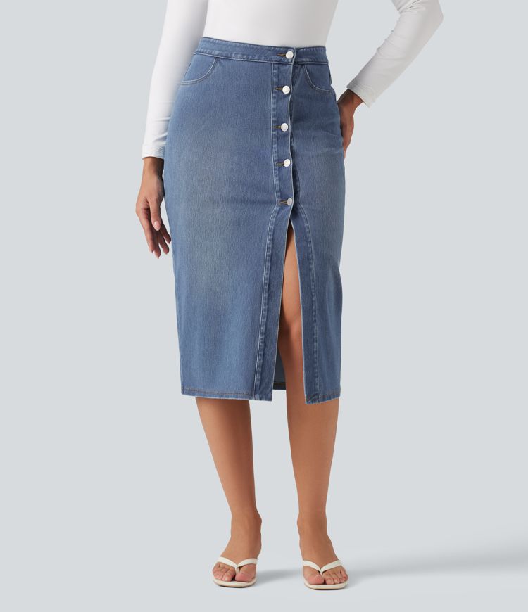 Halara Flex™ High Waisted Denim Bodycorn Midi Casual Skirt with Pockets Halara Flex™ High Waisted Denim Bodycorn Midi Casual Skirt with Pockets