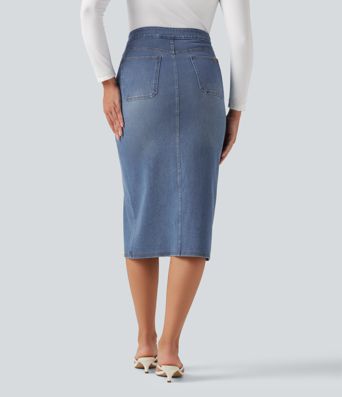 Halara Flex™ High Waisted Denim Bodycorn Midi Casual Skirt with Pockets Halara Flex™ High Waisted Denim Bodycorn Midi Casual Skirt with Pockets