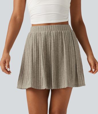 Ribbed Knit High Waisted A Line Pleated Mini Casual Skirt with Pockets