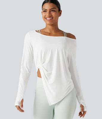 Top de sport pour yoga à manches longues, ouverture pour le pouce, détail torsadé, séchage rapide Top de sport pour yoga à manches longues, ouverture pour le pouce, détail torsadé, séchage rapide