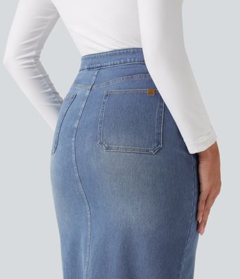 Halara Flex™ High Waisted Denim Bodycorn Midi Casual Skirt with Pockets Halara Flex™ High Waisted Denim Bodycorn Midi Casual Skirt with Pockets