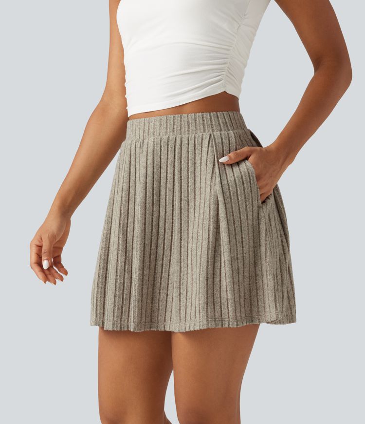 Ribbed Knit High Waisted A Line Pleated Mini Casual Skirt with Pockets