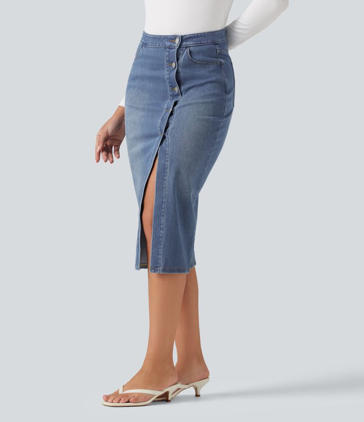 Halara Flex™ High Waisted Denim Bodycorn Midi Casual Skirt with Pockets Halara Flex™ High Waisted Denim Bodycorn Midi Casual Skirt with Pockets