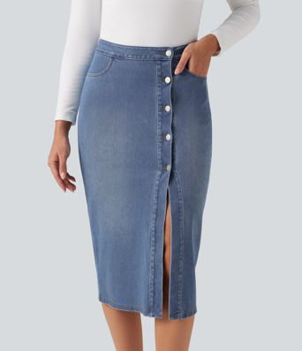 Halara Flex™ High Waisted Denim Bodycorn Midi Casual Skirt with Pockets Halara Flex™ High Waisted Denim Bodycorn Midi Casual Skirt with Pockets