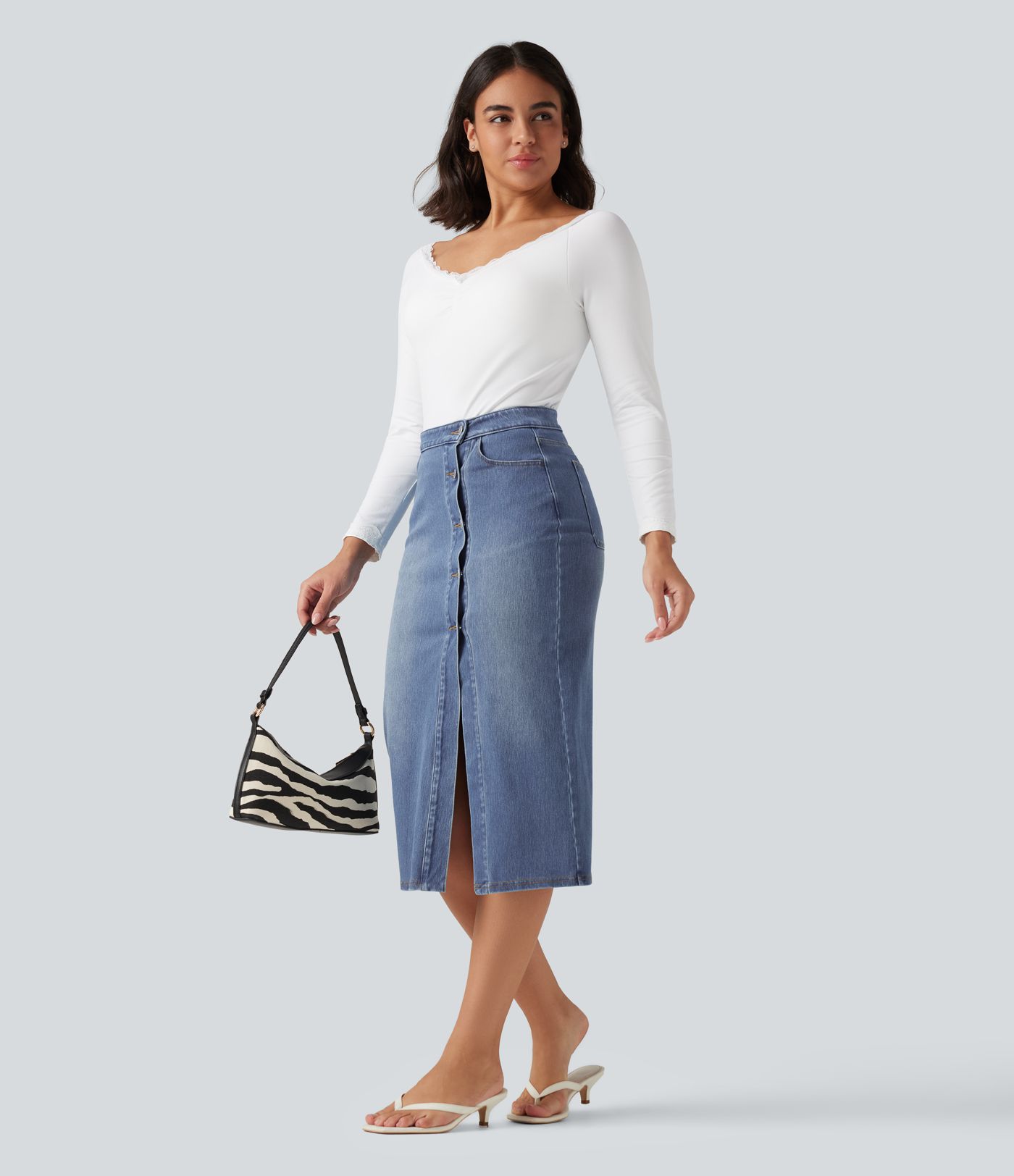 Halara Flex™ High Waisted Denim Bodycorn Midi Casual Skirt with Pockets Halara Flex™ High Waisted Denim Bodycorn Midi Casual Skirt with Pockets
