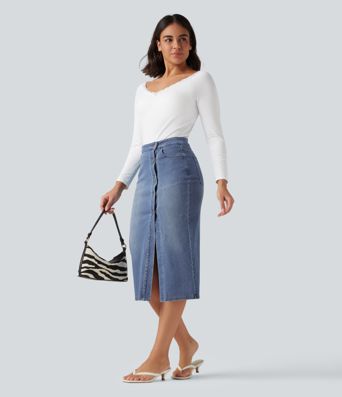 Halara Flex™ High Waisted Denim Bodycorn Midi Casual Skirt with Pockets Halara Flex™ High Waisted Denim Bodycorn Midi Casual Skirt with Pockets