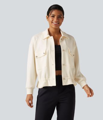 Lapel Collar Long Sleeve Drawstring Gathered Hem Casual Jacket with Pockets