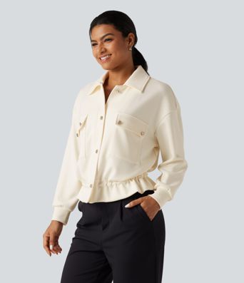 Lapel Collar Long Sleeve Drawstring Gathered Hem Casual Jacket with Pockets