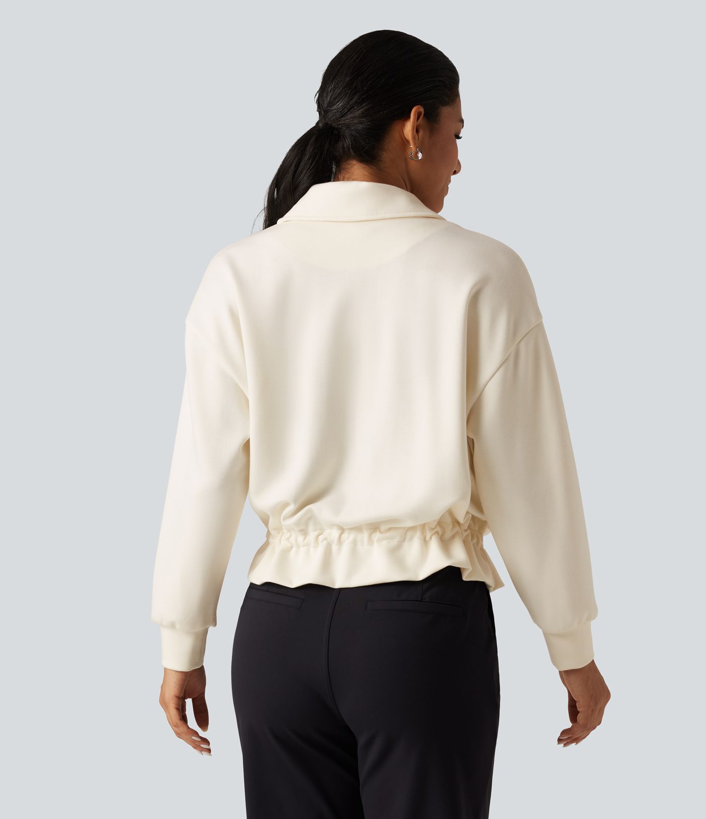 Lapel Collar Long Sleeve Drawstring Gathered Hem Casual Jacket with Pockets
