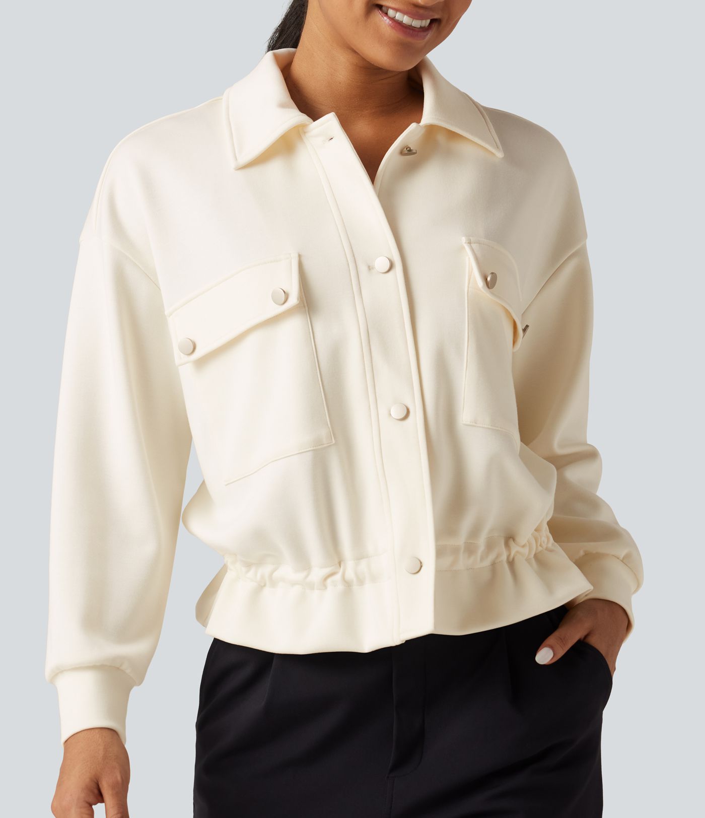 Lapel Collar Long Sleeve Drawstring Gathered Hem Casual Jacket with Pockets