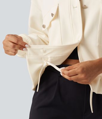 Lapel Collar Long Sleeve Drawstring Gathered Hem Casual Jacket with Pockets