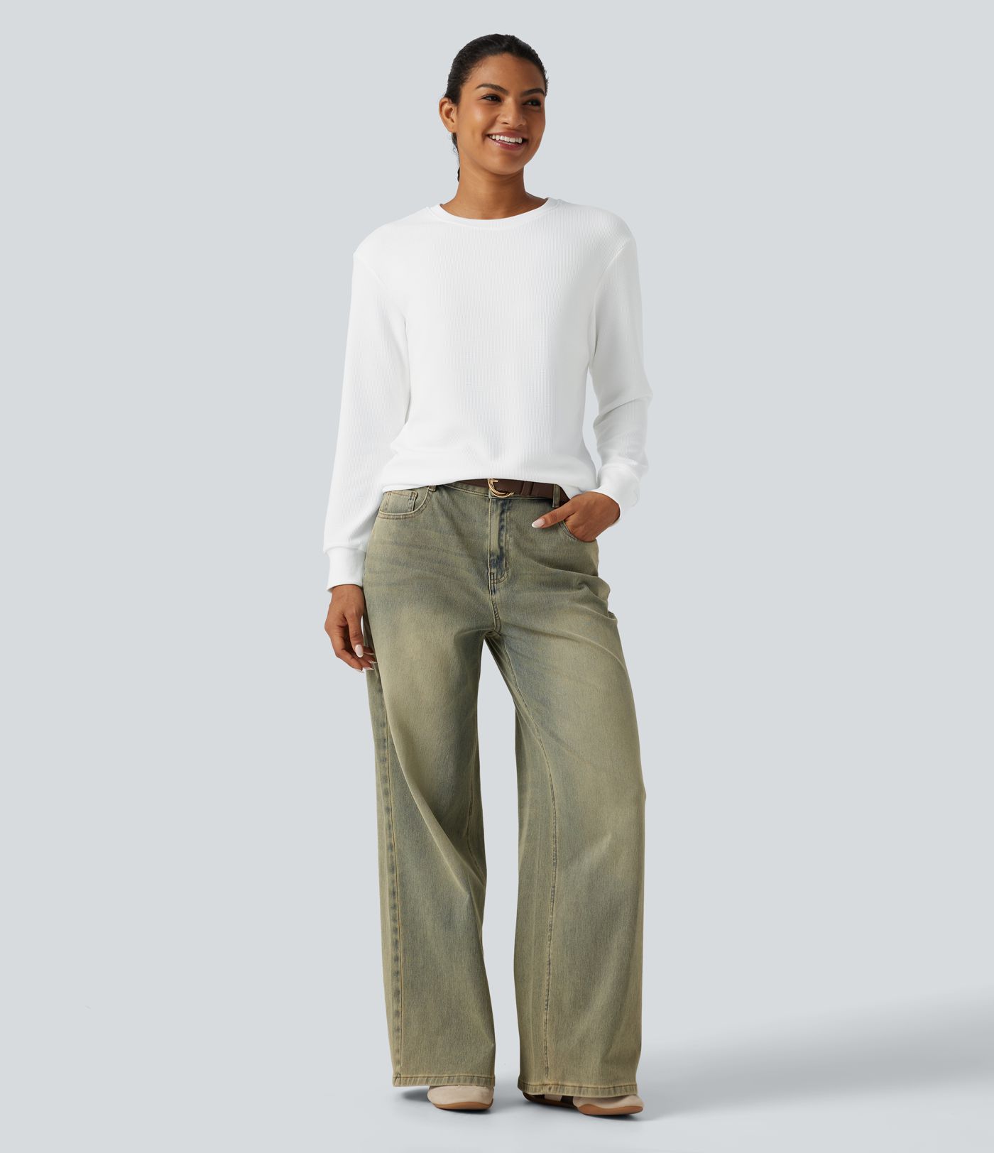 Round Neck Long Sleeve Waffle Casual Tops