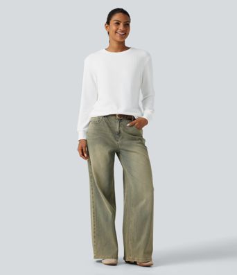 Round Neck Long Sleeve Waffle Casual Tops