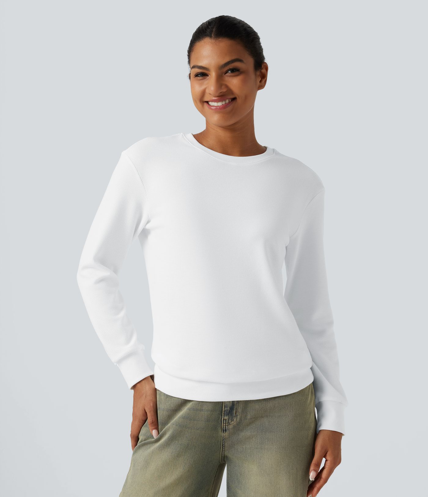 Round Neck Long Sleeve Waffle Casual Tops