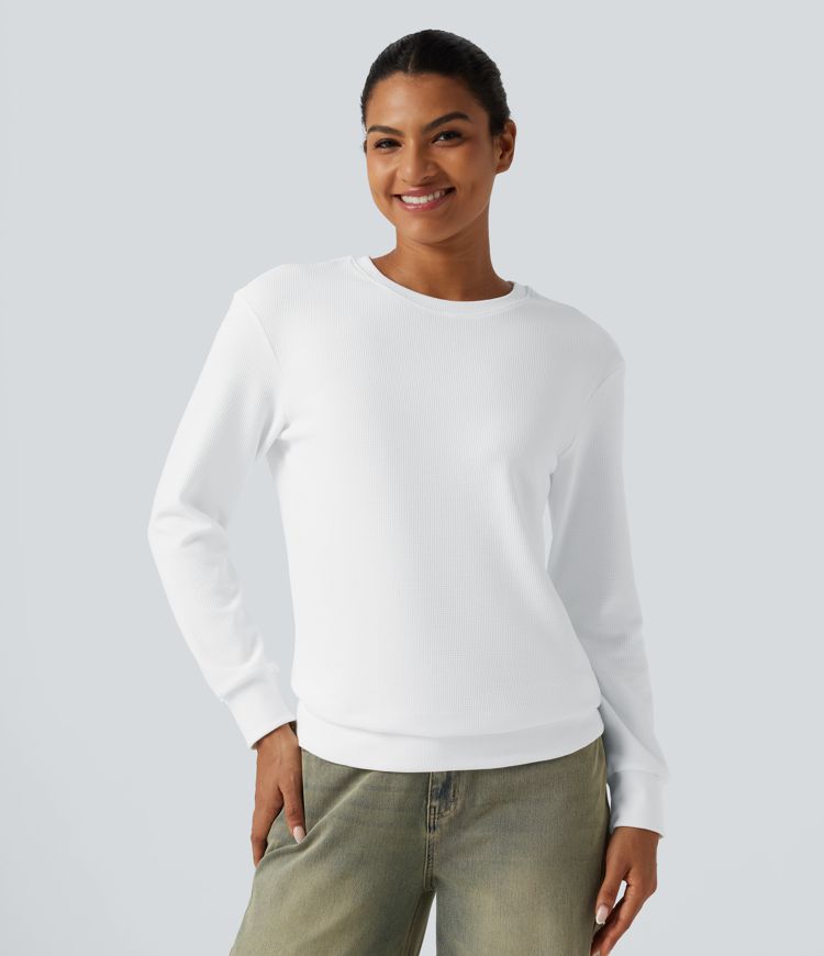 Round Neck Long Sleeve Waffle Casual Tops